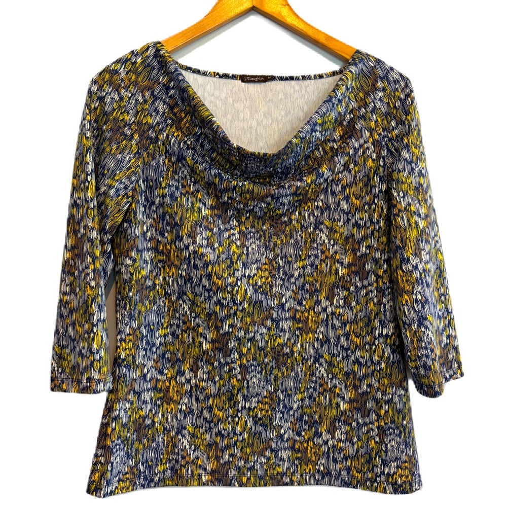 J. McLaughlin Drape Neck 3/4 Sleeve Navy Geometric Print Top Size M